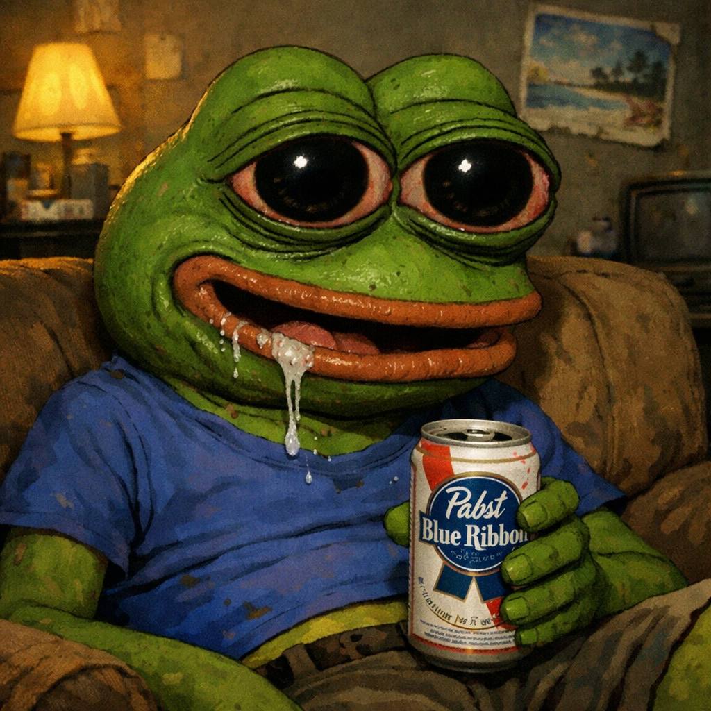 PBR Pepe holding a Pabst Blue Ribbon